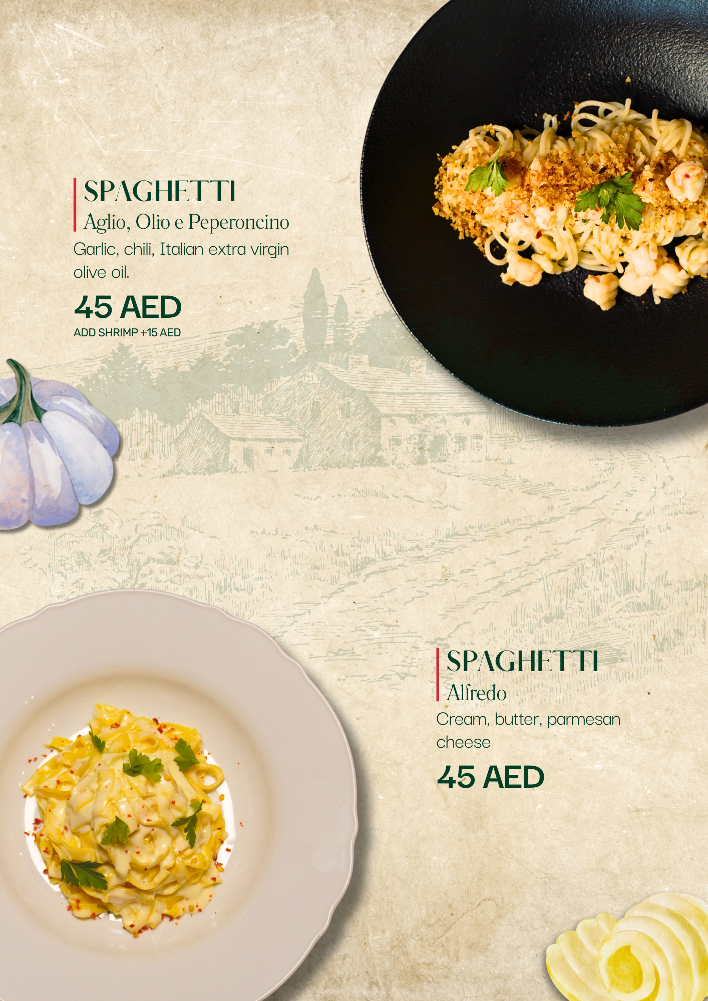 Italian restaurant menu featuring fresh handmade pasta, Yes Pasta Dubai