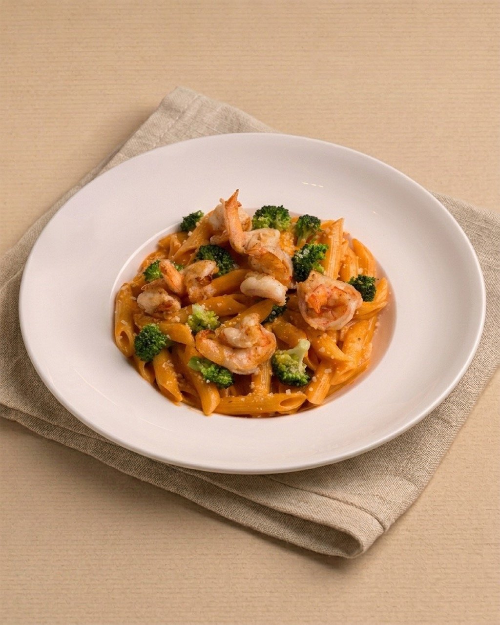 Creamy Pink Penne with Broccoli and Shrimps